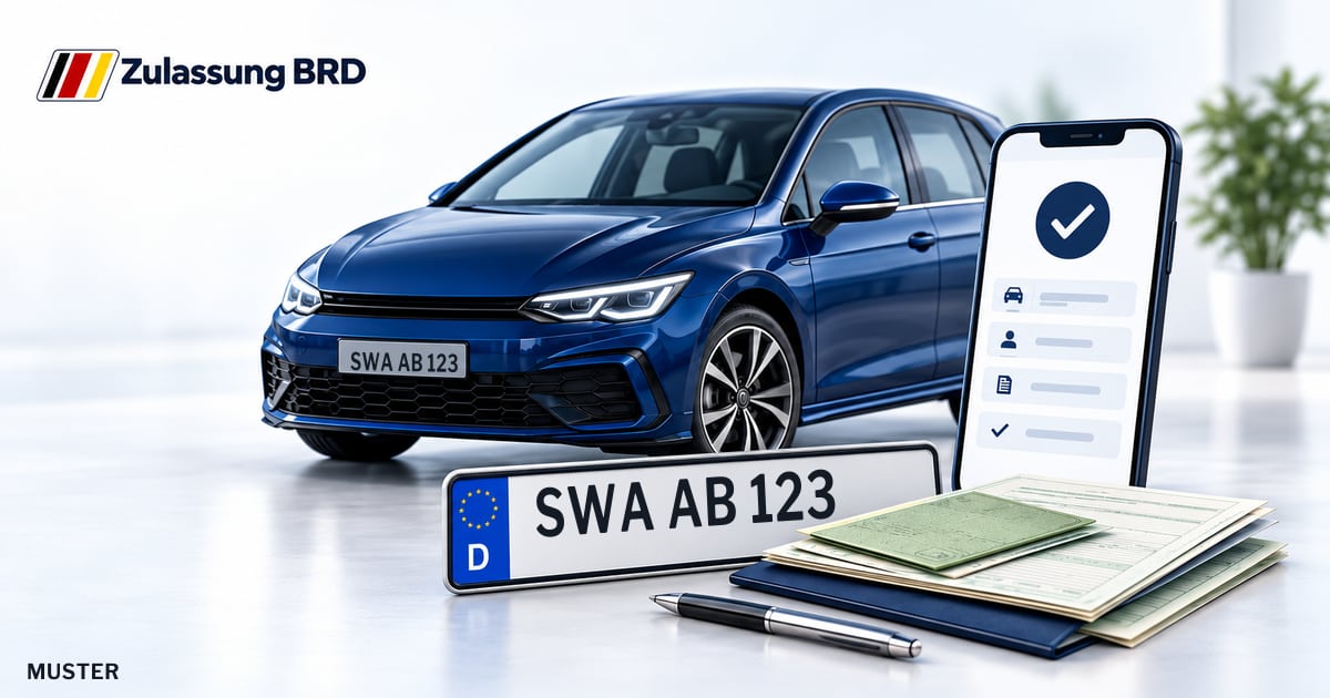 Online Fahrzeugzulassung in Rheingau-Taunus-Kreis: Musterkennzeichen SWA AB 123, Auto und Fahrzeugpapiere und Smartphone. Illustration mit Logo von Zulassung BRD.